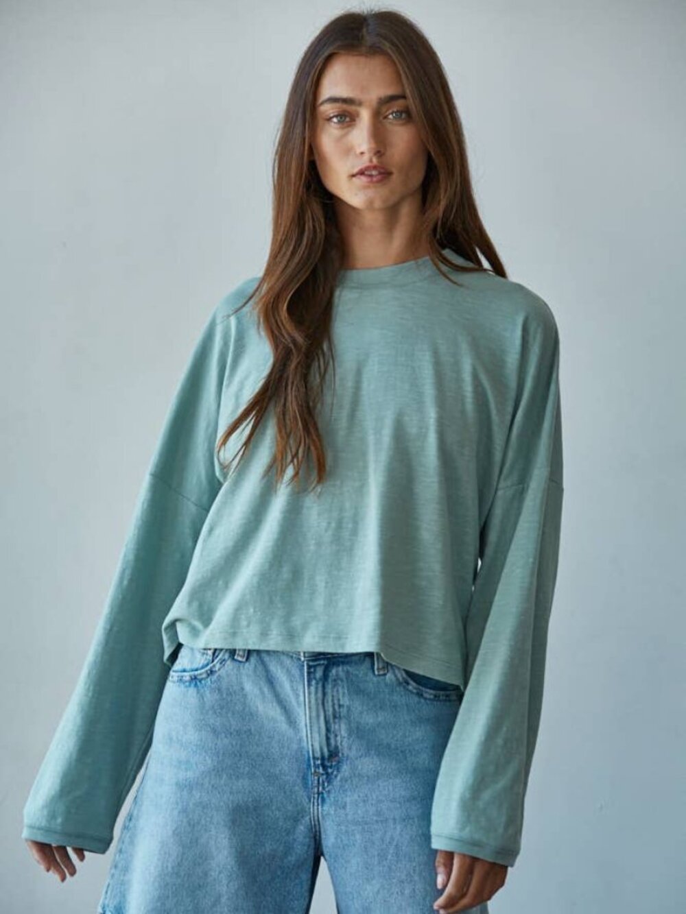 Cotton Mock Neck Long-Sleeve Top - DARK SAGE